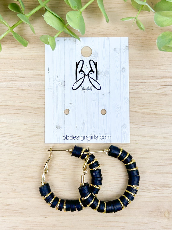 Clay Bead Hoops - Gold & Black - Gold Accent