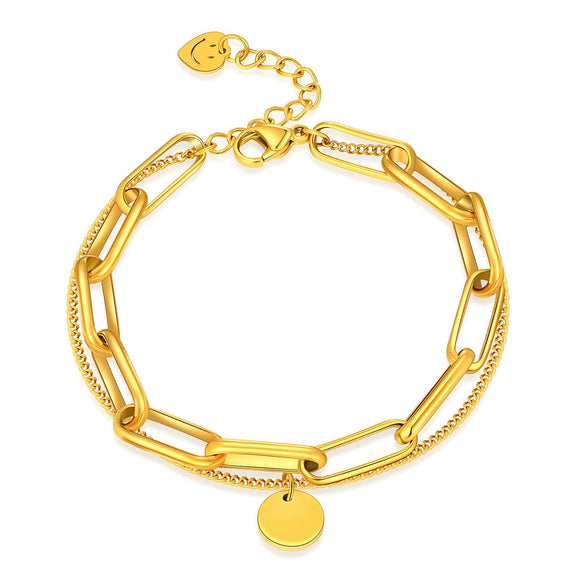 Gold Paperclip & Chain with Pendant Double Layer Bracelet - You Customize