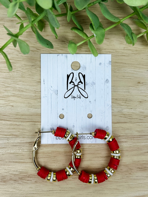 Clay Bead Hoops - Red with White Stripe - Gold Accent