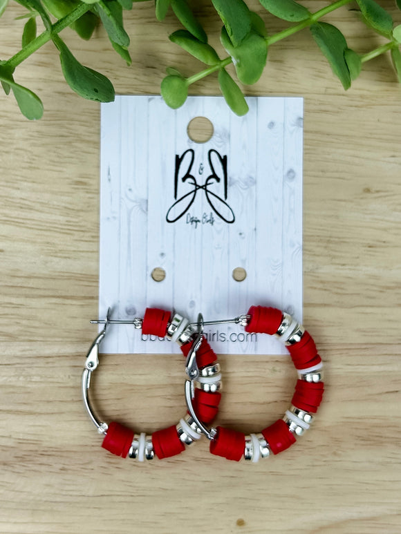 Clay Bead Hoops - Red with White Stripe - Silver Accent