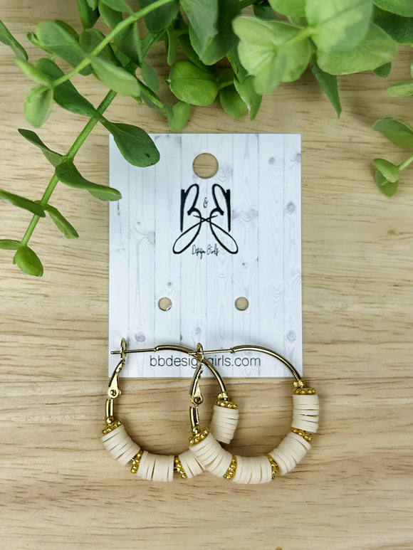 Clay Bead Hoops - Beige - Gold Accent