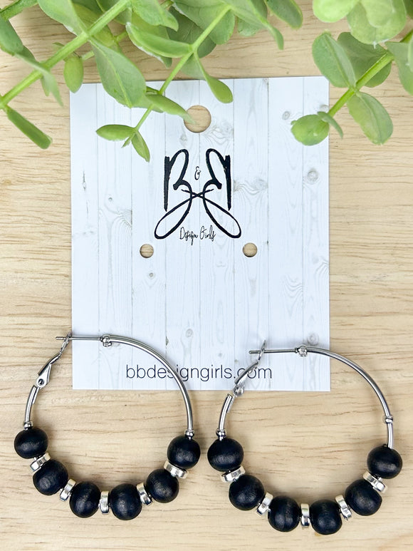 Hoops - Black Wooden Bead - Silver Accent