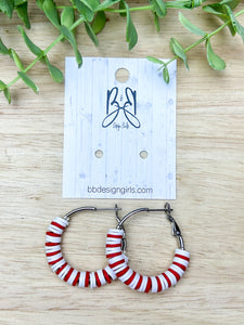 Clay Bead Hoops - Red & White Stripe - Silver Accent