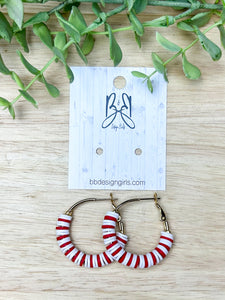 Clay Bead Hoops - Red & White Stripe - Gold Accent