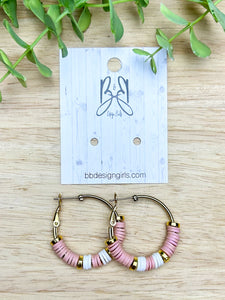 Clay Bead Hoops - Dusty Pink & White Stripe - Gold Accent