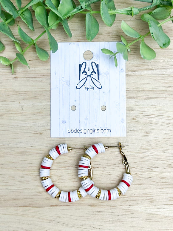 Clay Bead Hoops - Gold, White, & Red - Gold Accent