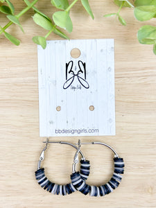 Clay Bead Hoops - Black & White Stripe - Silver Accent