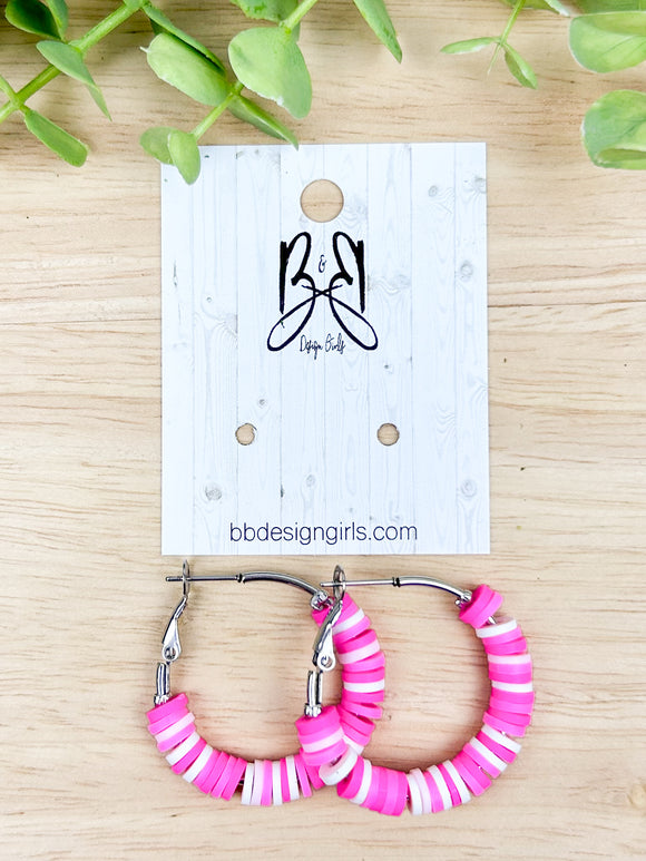 Clay Bead Hoops Pink White Stripe Silver Accent – B B