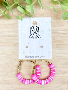 Clay Bead Hoops - Pink & White Stripe - Gold Accent