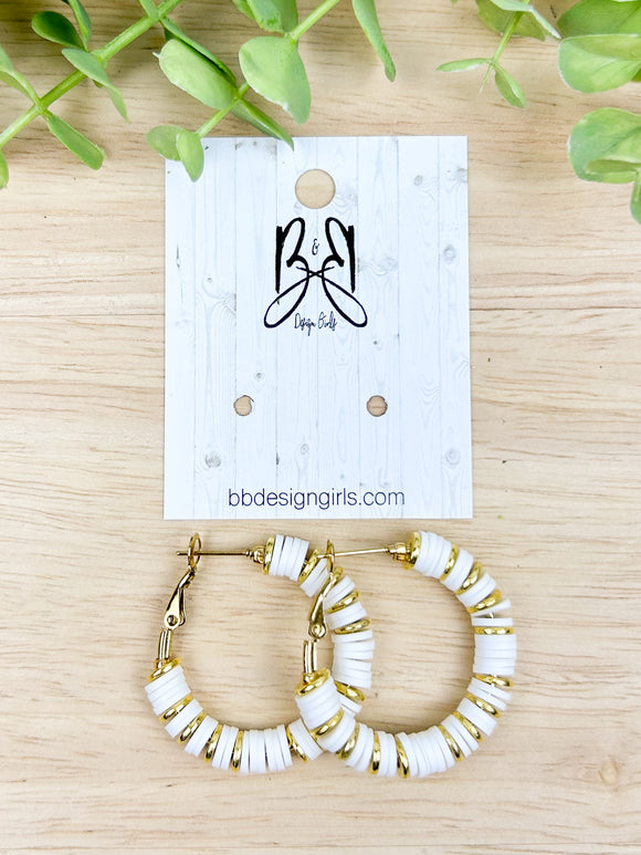 Clay Bead Hoops - Gold & White - Gold Accent