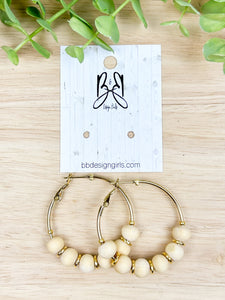 Hoops - Natural Wooden Bead - Gold Accent