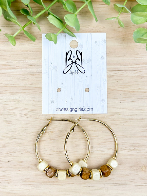 Hoops - Square Natural & Stained Wooden Bead - Gold Accent