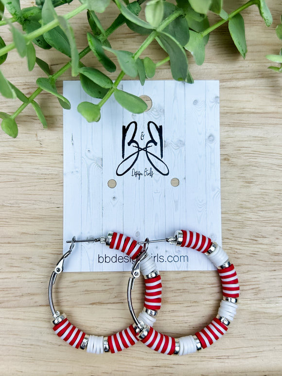 Clay Bead Hoops - Red Stripe - Silver Accent