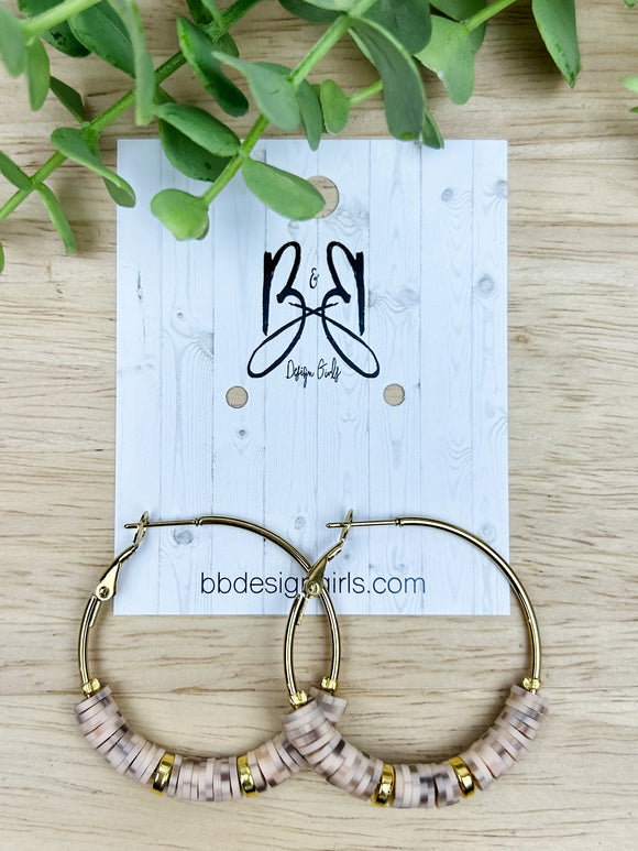 Clay Bead Hoops - Tan Marble - Gold Accent