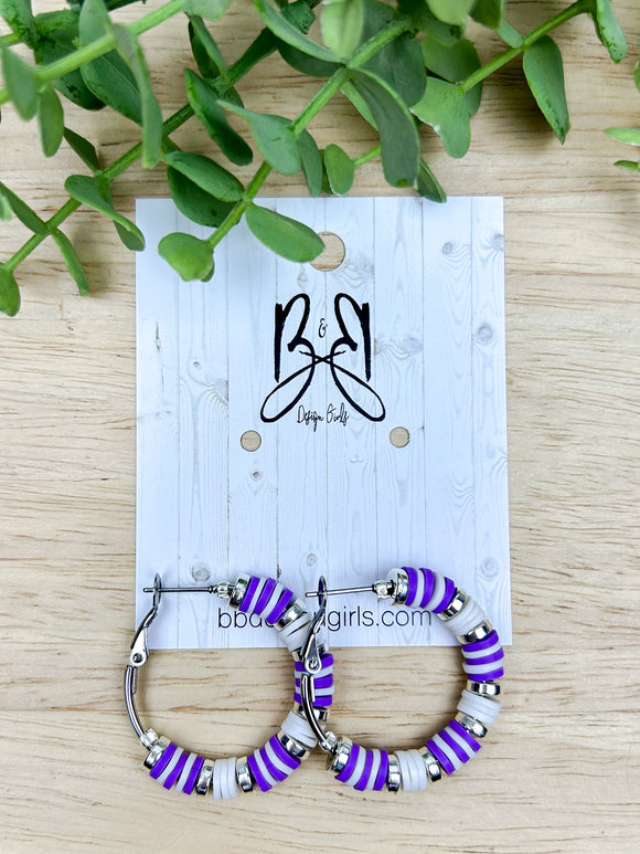 Clay Bead Hoops - Purple Stripe - Silver Accent