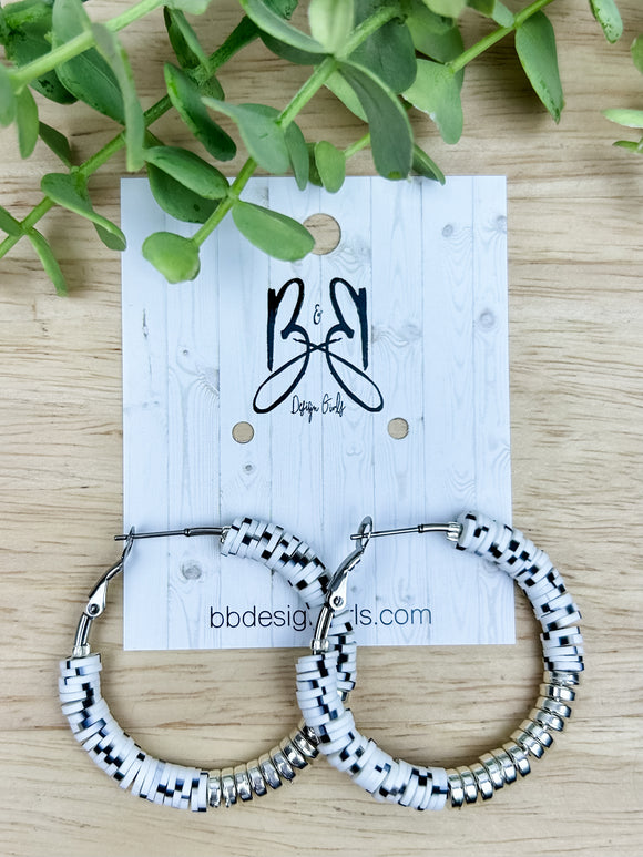 Clay Bead Hoops - Black & White Marble - Silver Accent
