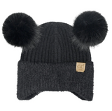 Stocking Hat - CC Kids Black Faux Fur Ear Flap Double Pom 0108