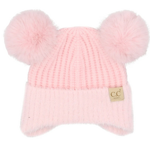 Stocking Hat - CC Baby Pink Faux Fur Ear Flap Double Pom 0108