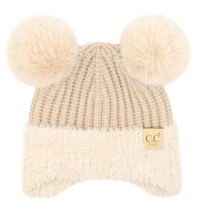 Stocking Hat - CC Baby Beige Faux Fur Ear Flap Double Pom 0108