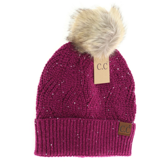 Stocking Hat - CC Orchid Flower Sequin Brioche Cable Knit Fur Pom 2073