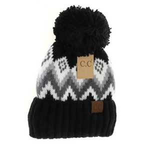 Stocking Hat - CC Black Aztec Chevron Knit Pom 3816