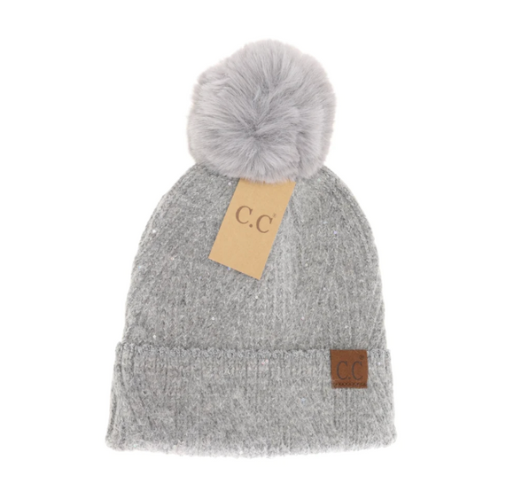 Stocking Hat - CC Gray Scatter Sequin Faux Fur Pom 0006