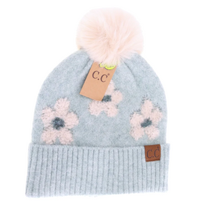Stocking Hat - CC Heather Mint Daisy Contrast Faux Fur Pom 0079