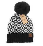 Stocking Hat - CC Black Fuzzy Lined Diamond Pattern Faux Fur Pom 0022