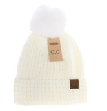 Stocking Hat - CC Ivory Waffle Knit Faux Fur Pom 0032