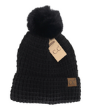 Stocking Hat - CC Black Waffle Knit Faux Fur Pom 0032