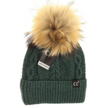 Stocking Hat - CC Hunter Green Ribbed Cuff Fur Pom 1915