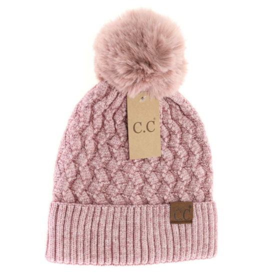 Stocking Hat - CC Mauve Woven Cable Knit Cuffed Matching Fur Pom 3861