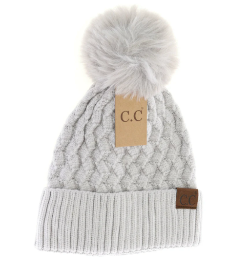 Stocking Hat - CC Lt. Gray Woven Cable Knit Cuffed Matching Fur Pom 3861