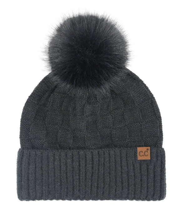 Stocking Hat - CC Black Woven Checkered Textured Pom 0094