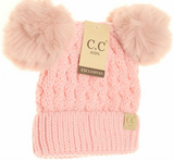 Stocking Hat - CC Kids Pale Pink Cable Knit Double Pom 2055