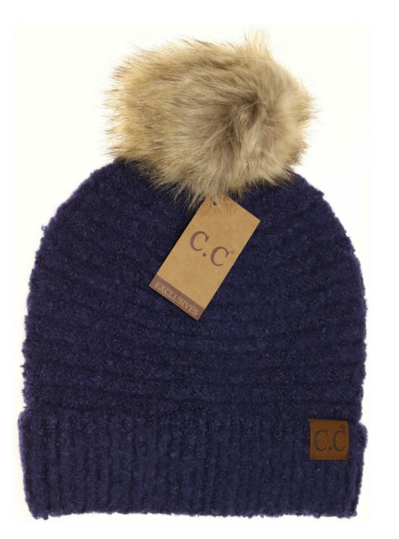 Stocking Hat - CC Evening Blue Solid Boucher Knit Pom 7006