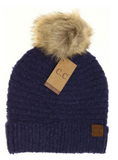 Stocking Hat - CC Evening Blue Solid Boucher Knit Pom 7006