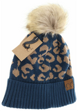 Stocking Hat - CC Prussian Blue Leopard Pattern Fur Pom 2091