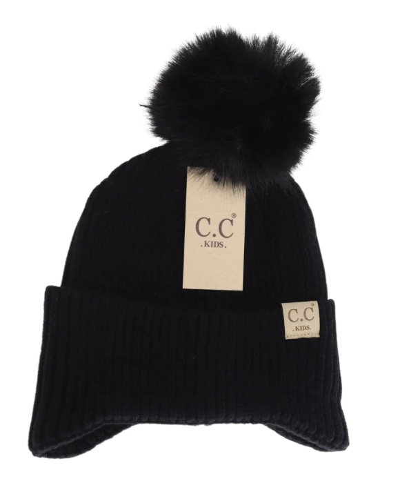 Stocking Hat - CC Kids Black Ear Flap Pom 0078