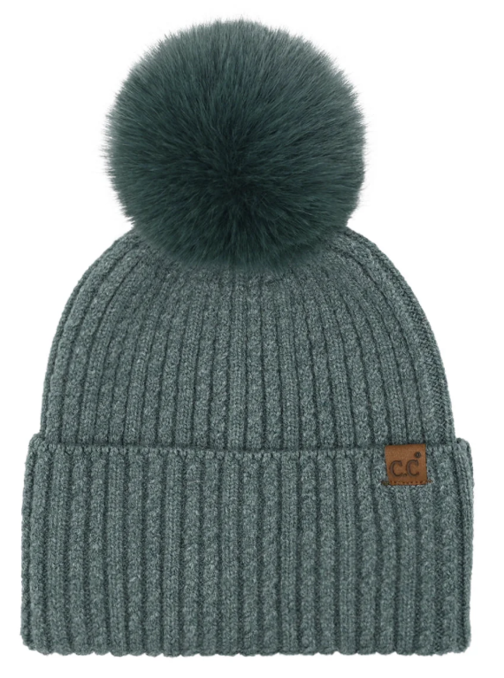 Stocking Hat - CC Forest Green Cable Cuff Pom 0122