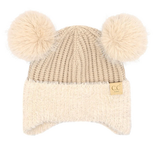 Stocking Hat - CC Kids Beige Faux Fur Ear Flap Double Pom 0108