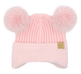 Stocking Hat - CC Kids Pink Faux Fur Ear Flap Double Pom 0108