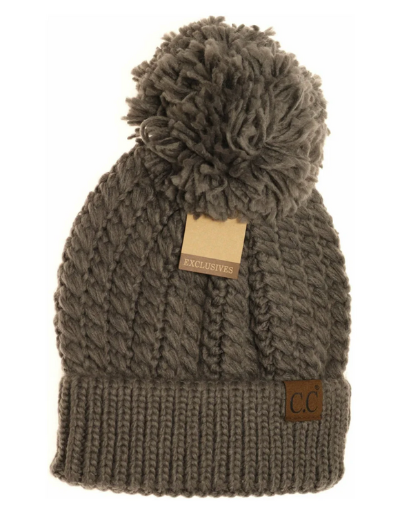 Stocking Hat - CC Gray Twisted Mock Cable Knit Pom 2054