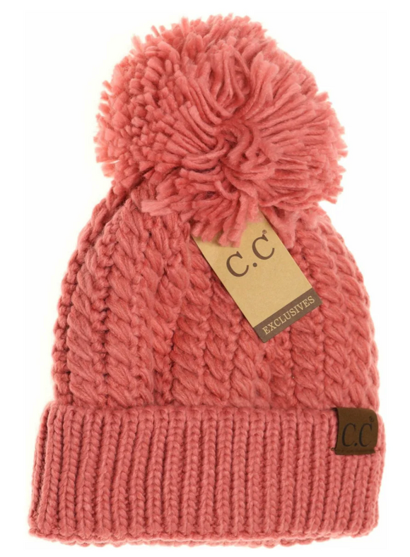 Stocking Hat - CC Dk. Rose Twisted Mock Cable Knit Pom 2054