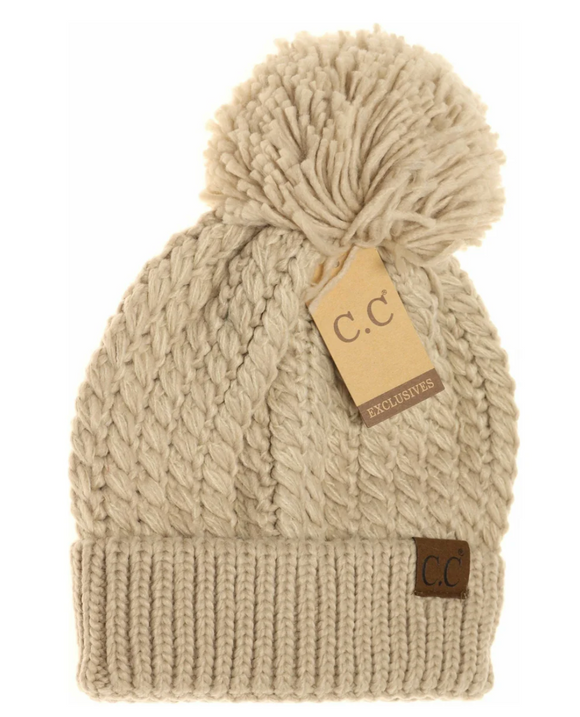 Stocking Hat - CC Beige Twisted Mock Cable Knit Pom 2054