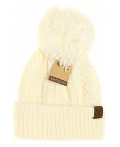 Stocking Hat - CC Ivory Twisted Mock Cable Knit Pom 2054