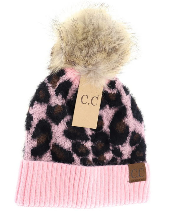 Stocking Hat - CC Baby Pink Leopard Pom 2061