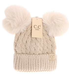 Stocking Hat - CC Kids Beige Cable Knit Double Pom 2055