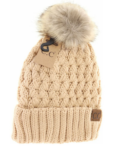 Stocking Hat - CC Peanut Solid Lattice Stitch Fur Pom 826