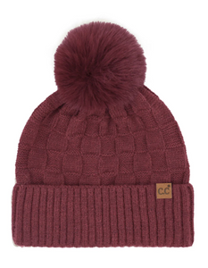 Stocking Hat - CC Burgundy Woven Checkered Textured Pom 0094